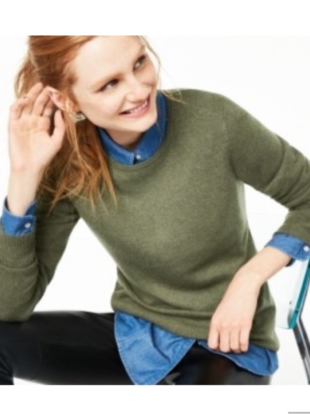 Charter Club Olive Green Crewneck Sweater 100% cashmere quite Luxury